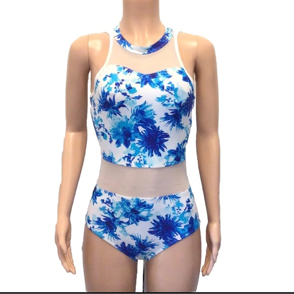 Kandi Kouture Blue Floral Sleeveless Sheer Panel Halter Dance Leotard Size TM - Picture 1 of 10
